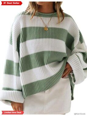 Oversized Striped Knit Sweater Pullover Crew Neck Long Sleeve Acrylic